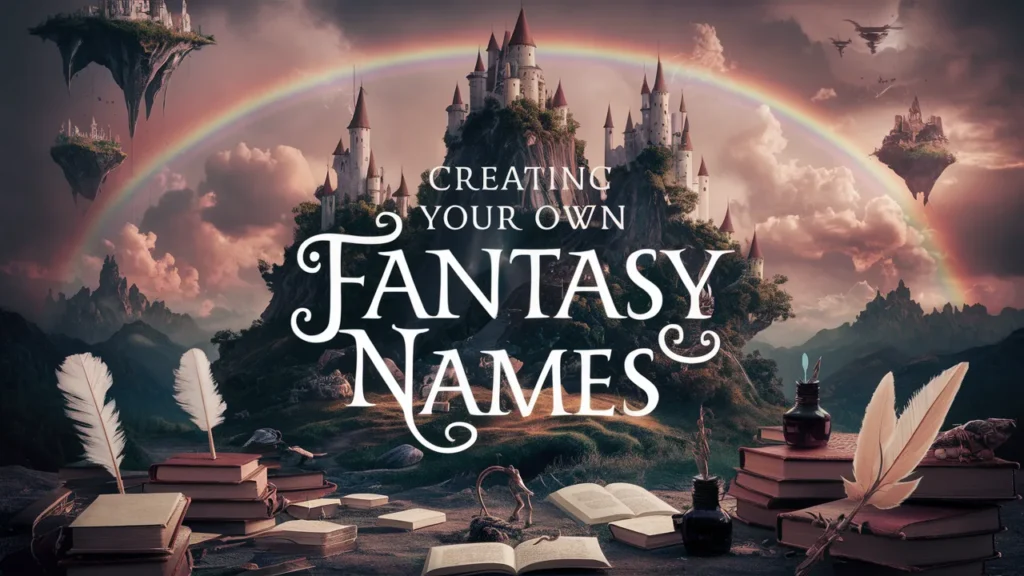 In this image a fantasy world and text is Creating Your Own Fantasy Names