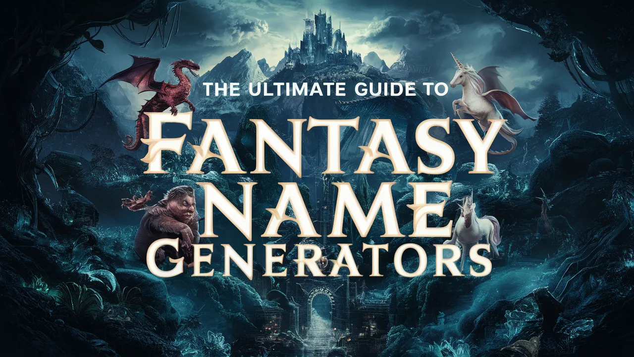 The image shows the cover of "The Ultimate Guide to Fantasy Name Generators," a comprehensive resource for creating unique fantasy names.